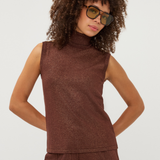 Women's brown sleeveless sweater featuring a subtle metallic lurex finish and streamlined silhouette.