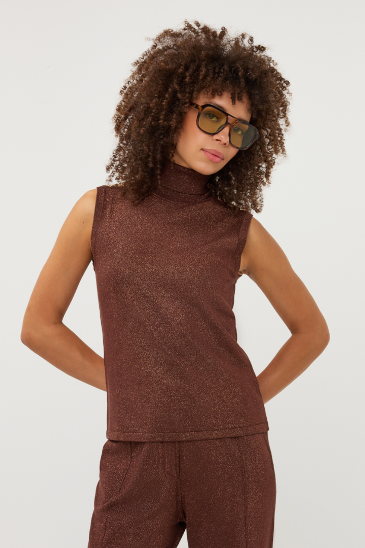 Women's brown sleeveless sweater featuring a subtle metallic lurex finish and streamlined silhouette.