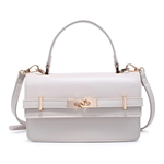 White handbag with gold accents on a white background