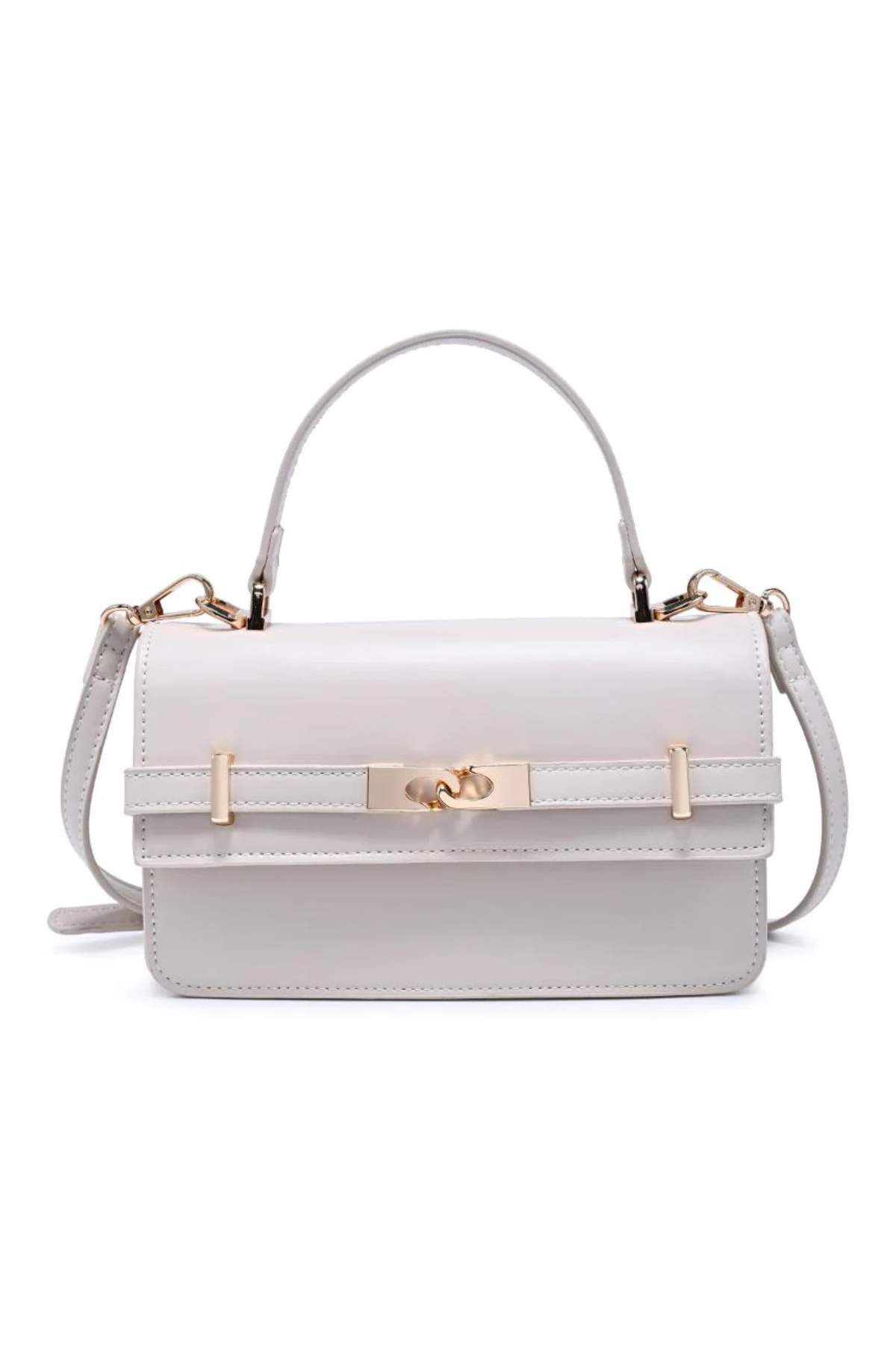 White handbag with gold accents on a white background