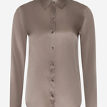 A long-sleeve button-up shirt in a taupe brown satin fabric, featuring a pointed collar and matching satin cuffs, displayed on a clean white background.