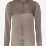 A long-sleeve button-up shirt in a taupe brown satin fabric, featuring a pointed collar and matching satin cuffs, displayed on a clean white background.