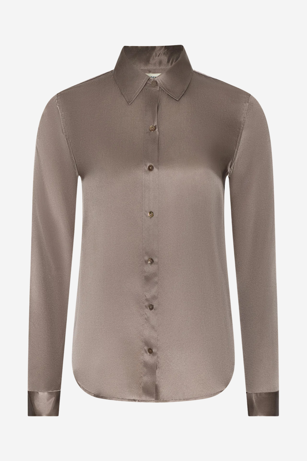 A long-sleeve button-up shirt in a taupe brown satin fabric, featuring a pointed collar and matching satin cuffs, displayed on a clean white background.
