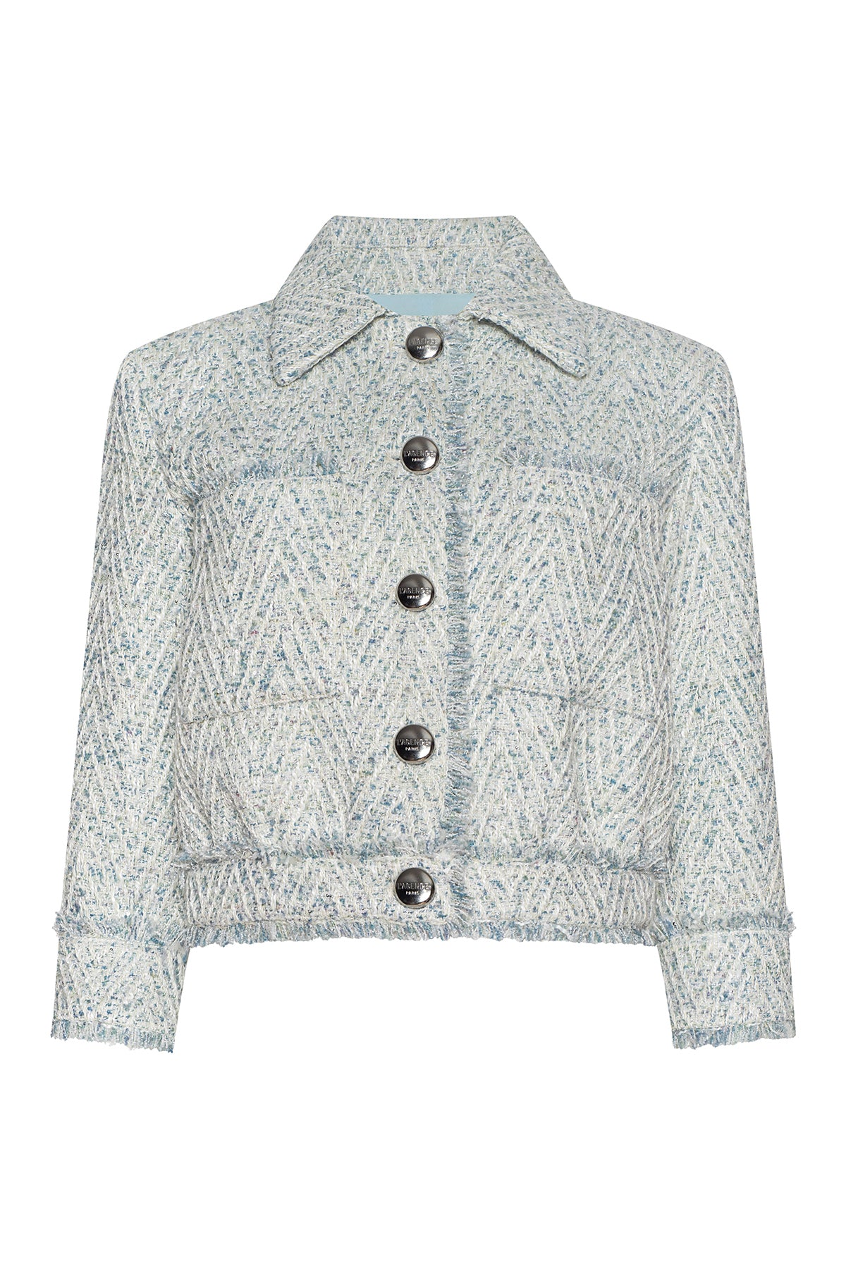 Light blue patterned jacket with buttons on a white background