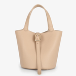 tan mini tote on white background 