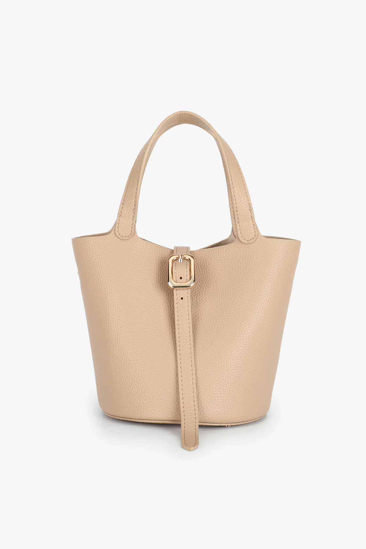 tan mini tote on white background 