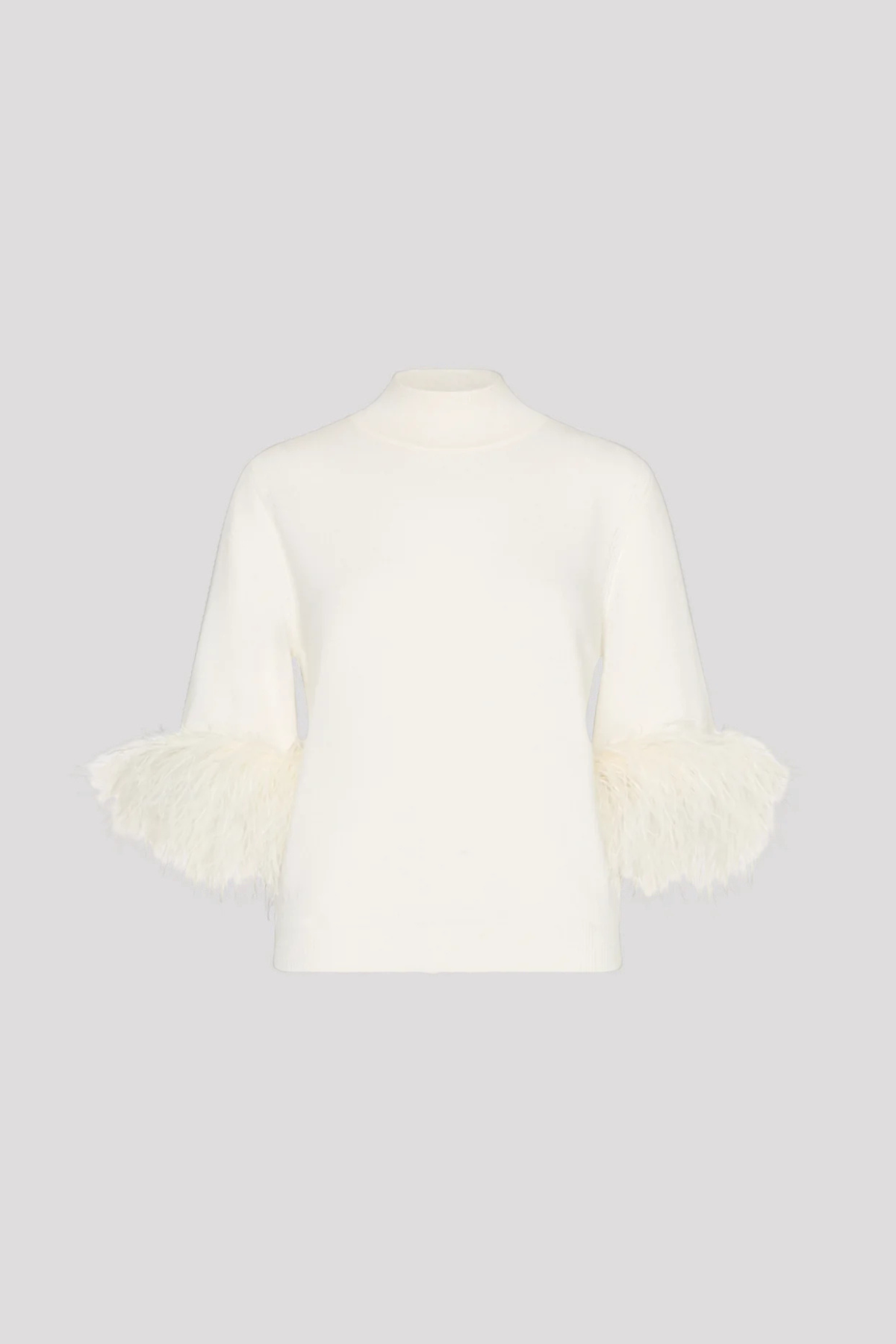 An off-white knit mock-neck sweater with three-quarter sleeves featuring fluffy feathered cuffs, displayed on a neutral light gray background.