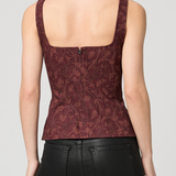 Women's sleeveless vest featuring an etched tulip print in rich garnet and multicolor tones.