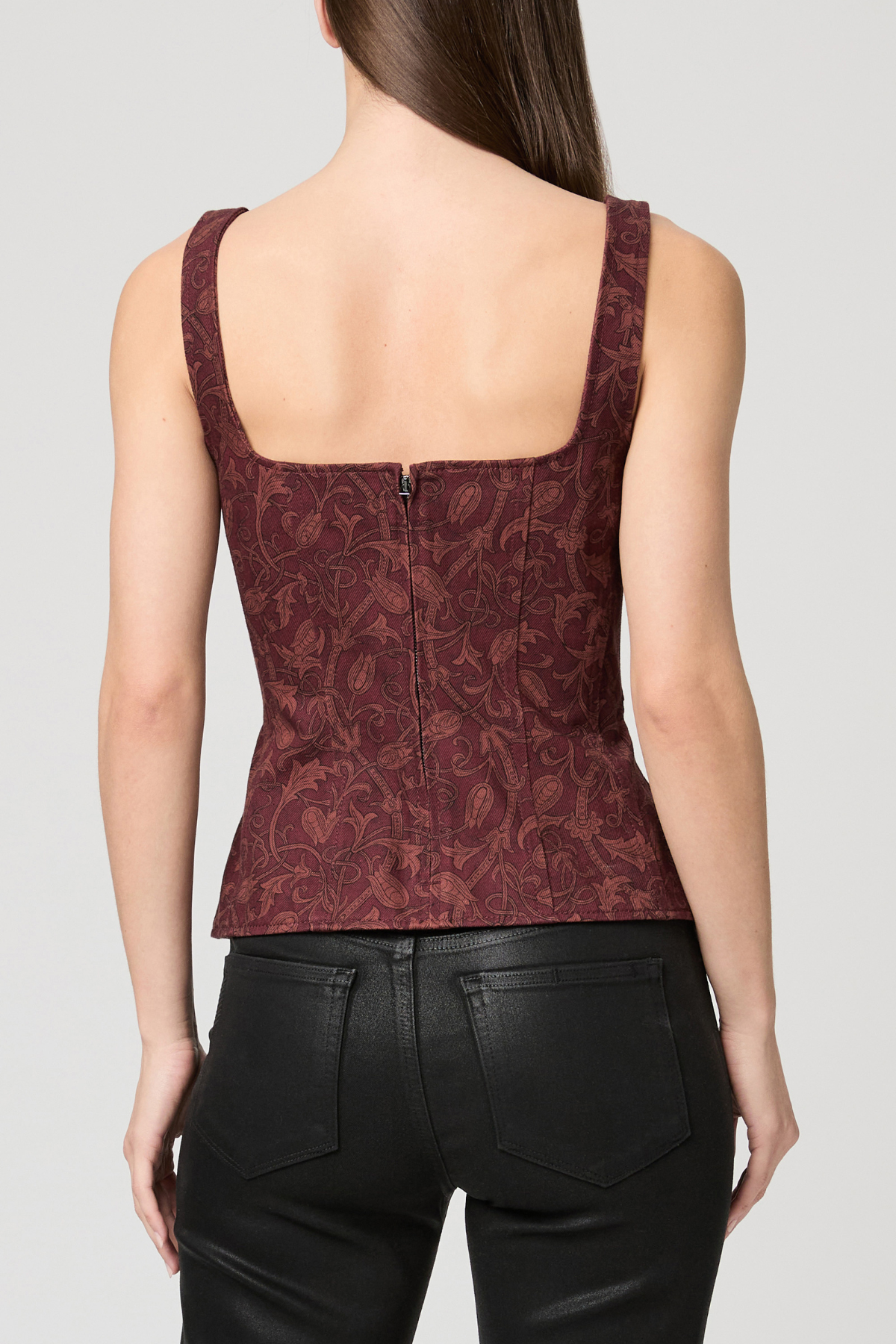 Women's sleeveless vest featuring an etched tulip print in rich garnet and multicolor tones.