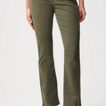 Person wearing olive green pants on a white background