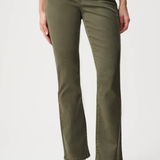 Person wearing olive green pants on a white background