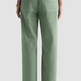 A person shown from the back wearing sage green wide-leg cropped jeans with black sandals, against a light gray studio background.