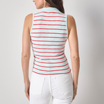 back of woman in striped sleeveless top on white background 