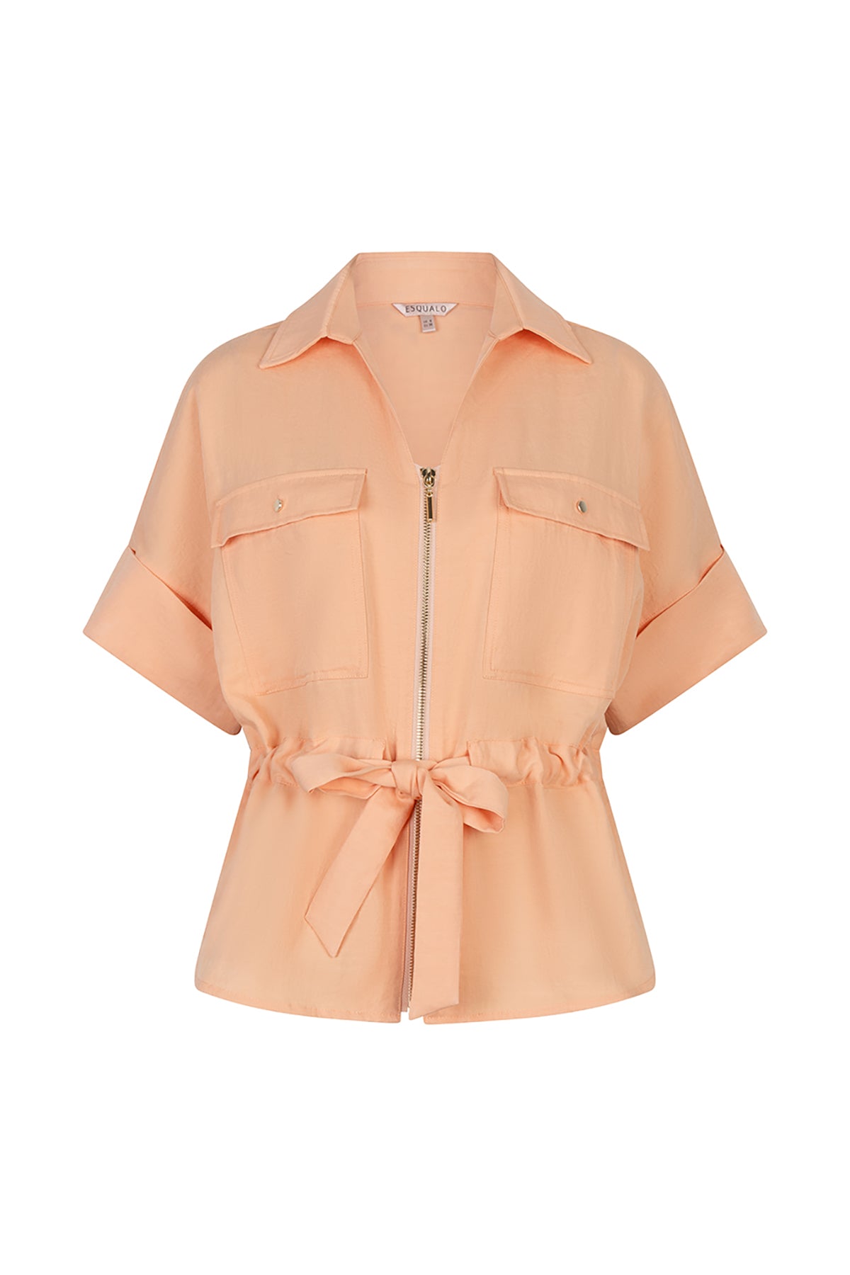 Peach-colored shirt with a tie waist on a white background