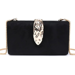 A black velvet clutch bag with a gold-tone chain strap and a large, textured metallic gold clasp on the front, set against a plain white background.