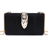 A black velvet clutch bag with a gold-tone chain strap and a large, textured metallic gold clasp on the front, set against a plain white background.