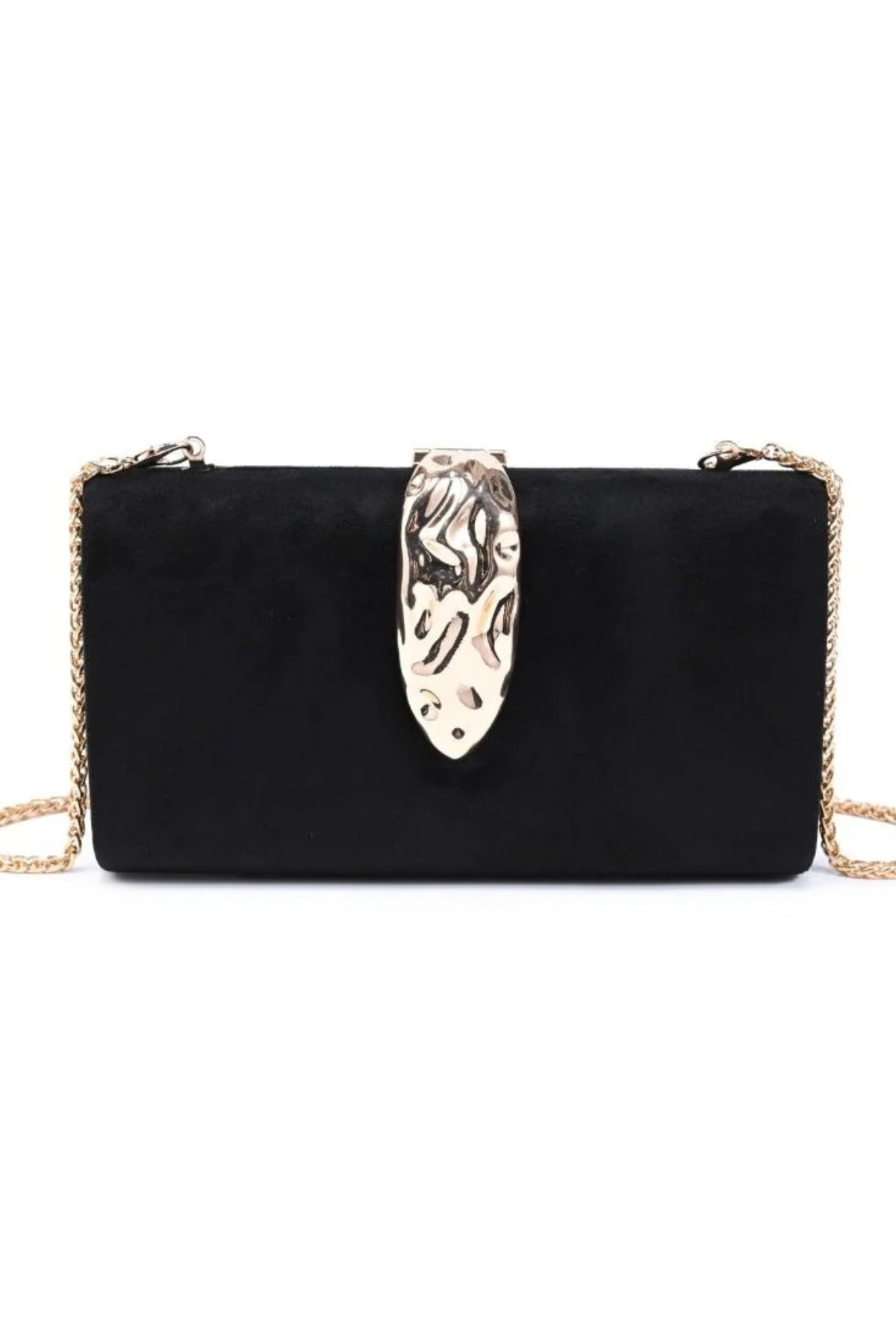 A black velvet clutch bag with a gold-tone chain strap and a large, textured metallic gold clasp on the front, set against a plain white background.