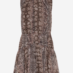 A sleeveless peplum dress featuring a brown and beige snakeskin print, displayed against a light gray background.