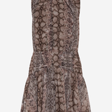 A sleeveless peplum dress featuring a brown and beige snakeskin print, displayed against a light gray background.