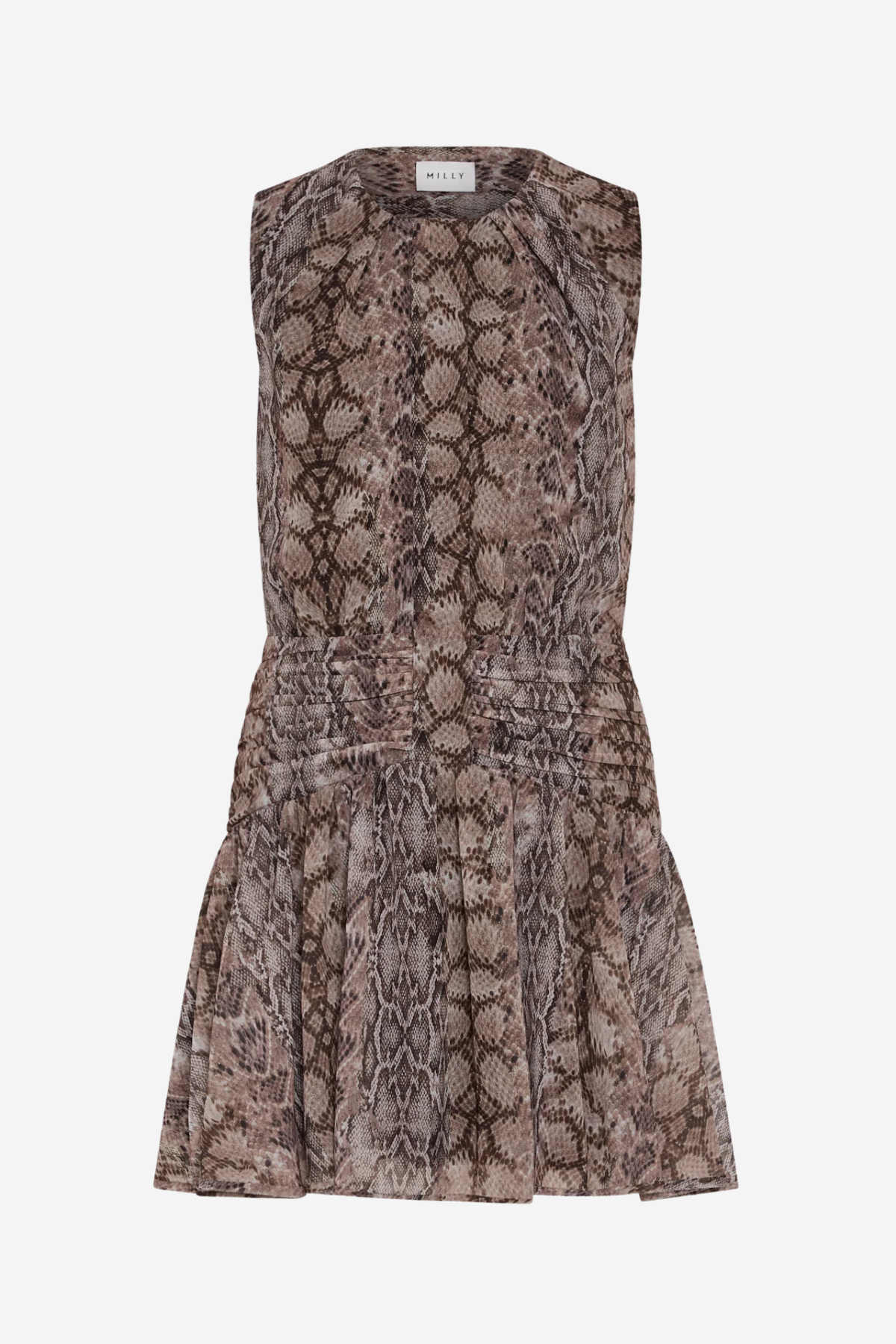 A sleeveless peplum dress featuring a brown and beige snakeskin print, displayed against a light gray background.