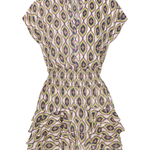 Patterned dress with ruffled hem on a white background