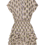 Patterned dress with ruffled hem on a white background