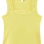 A pale yellow sleeveless tank top with a square neckline, shown flat against a white background. 