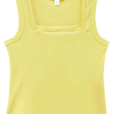 A pale yellow sleeveless tank top with a square neckline, shown flat against a white background. 