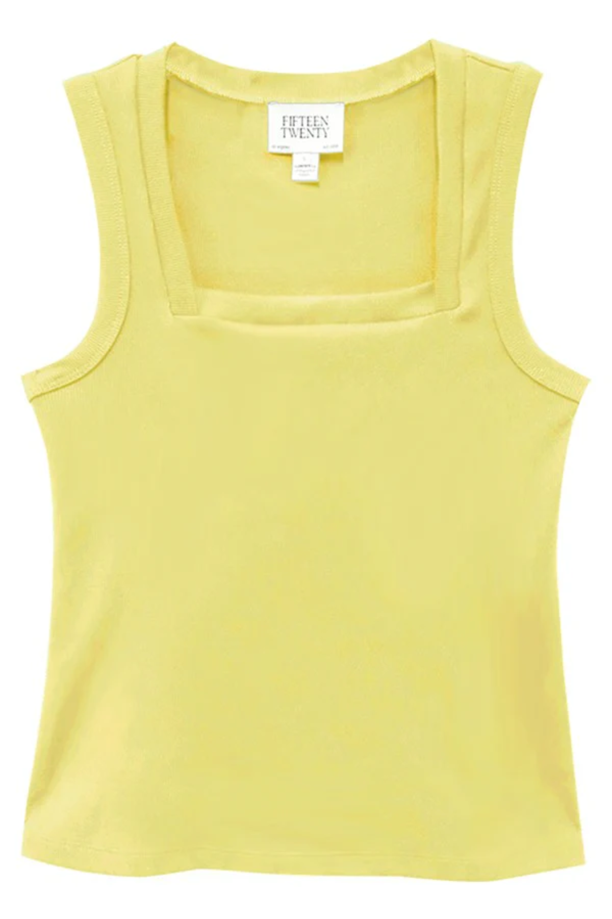 A pale yellow sleeveless tank top with a square neckline, shown flat against a white background. 