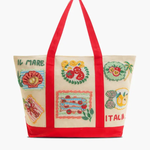 Tote bag with colorful designs and text on a white background