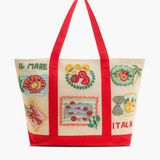 Tote bag with colorful designs and text on a white background