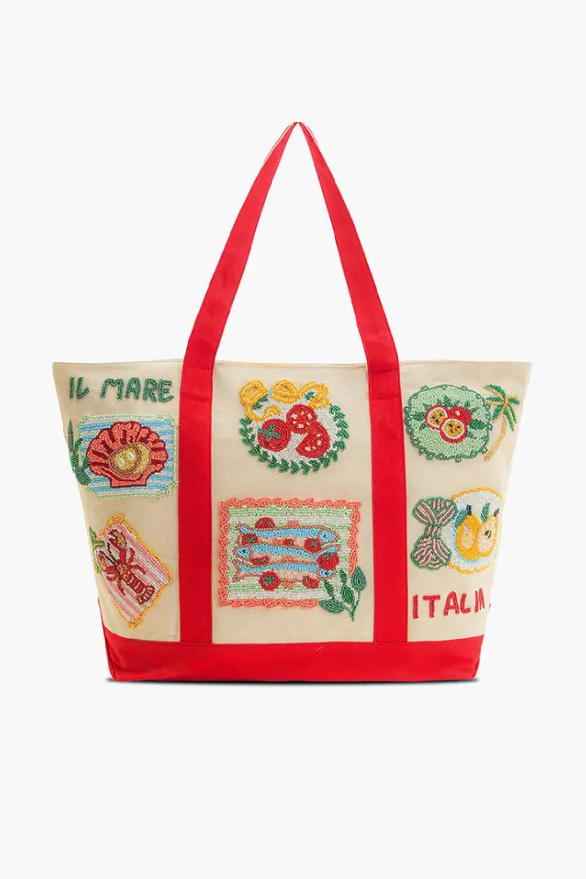 Tote bag with colorful designs and text on a white background