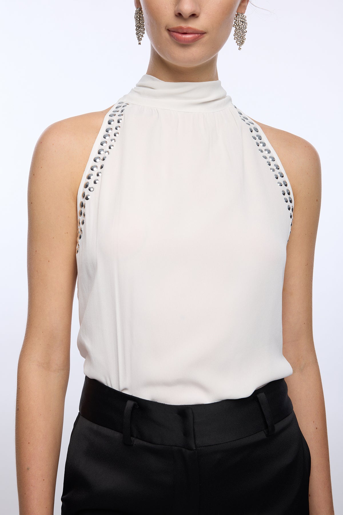 Ivory halter blouse with studded neckline detail