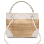 Beige woven handbag with white accents on a white background