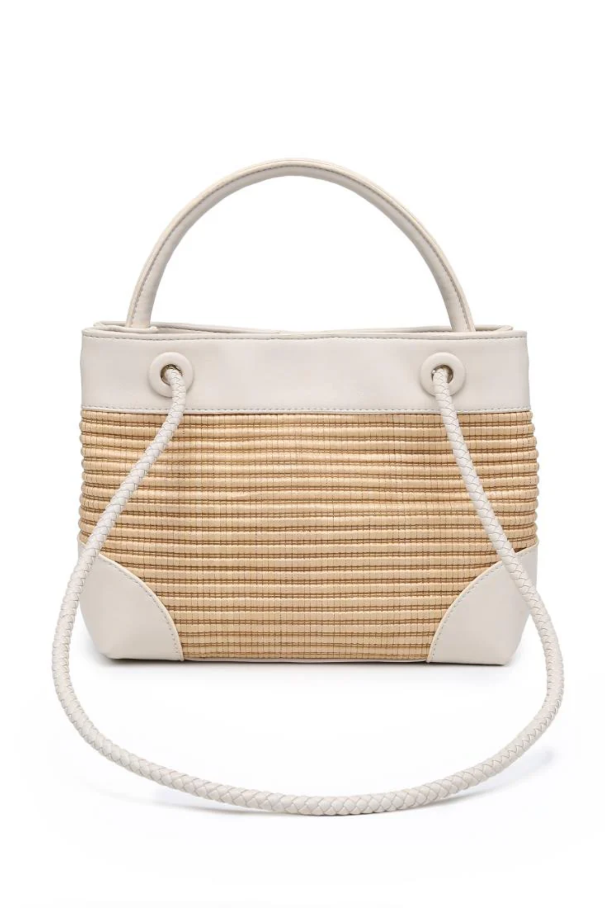 Beige woven handbag with white accents on a white background