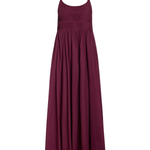 A sleeveless, floor-length A-line dress in deep burgundy with thin shoulder straps and a smocked bodice, shown against a plain white background.