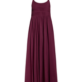 A sleeveless, floor-length A-line dress in deep burgundy with thin shoulder straps and a smocked bodice, shown against a plain white background.