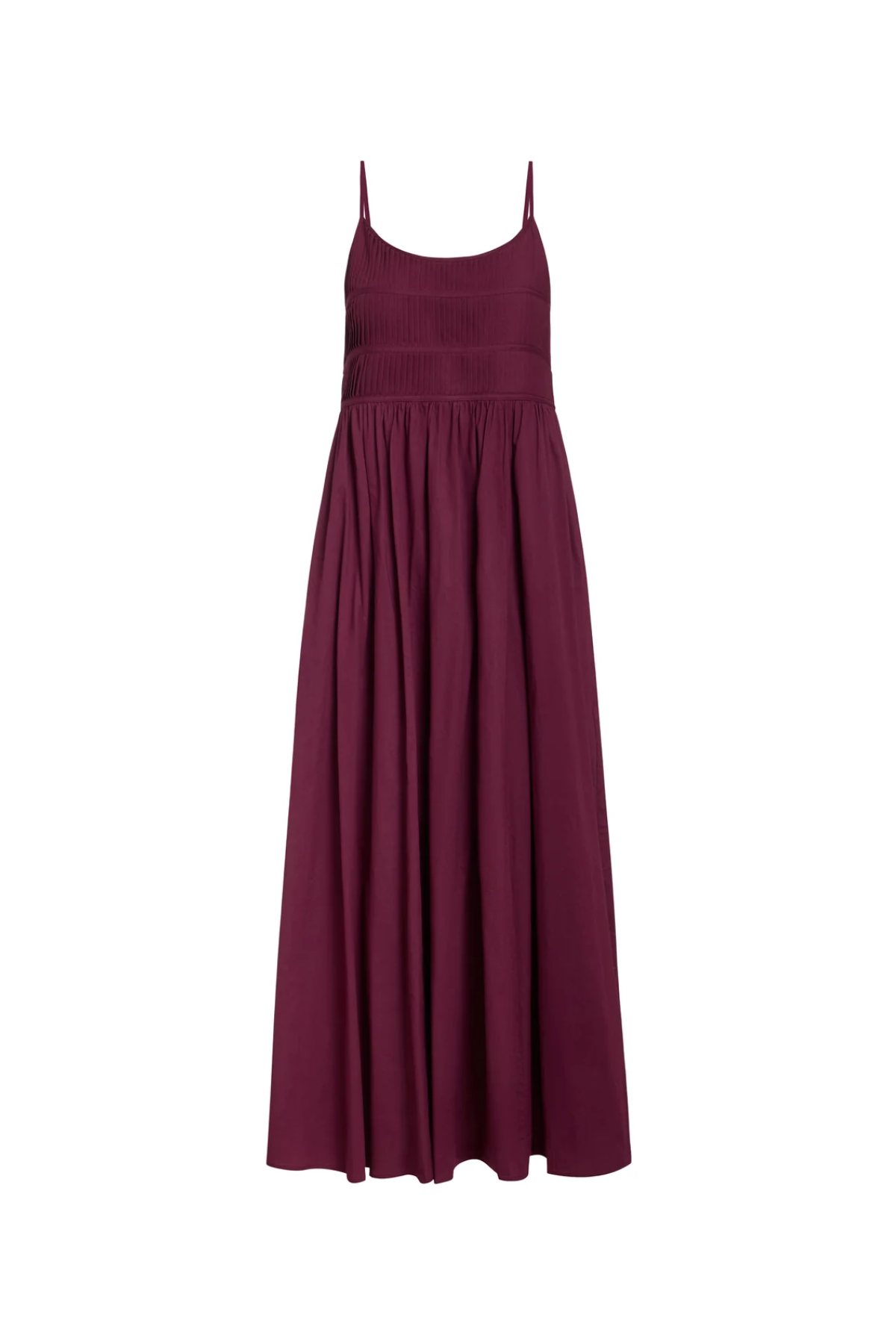 A sleeveless, floor-length A-line dress in deep burgundy with thin shoulder straps and a smocked bodice, shown against a plain white background.