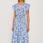 Woman wearing a blue floral dress on a white background