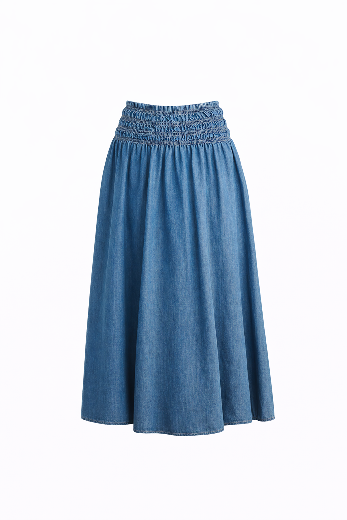 Blue denim skirt on a white background