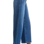 A side profile view of a model wearing blue wide-leg cropped jeans with black slingback heels, shown against a plain white background.