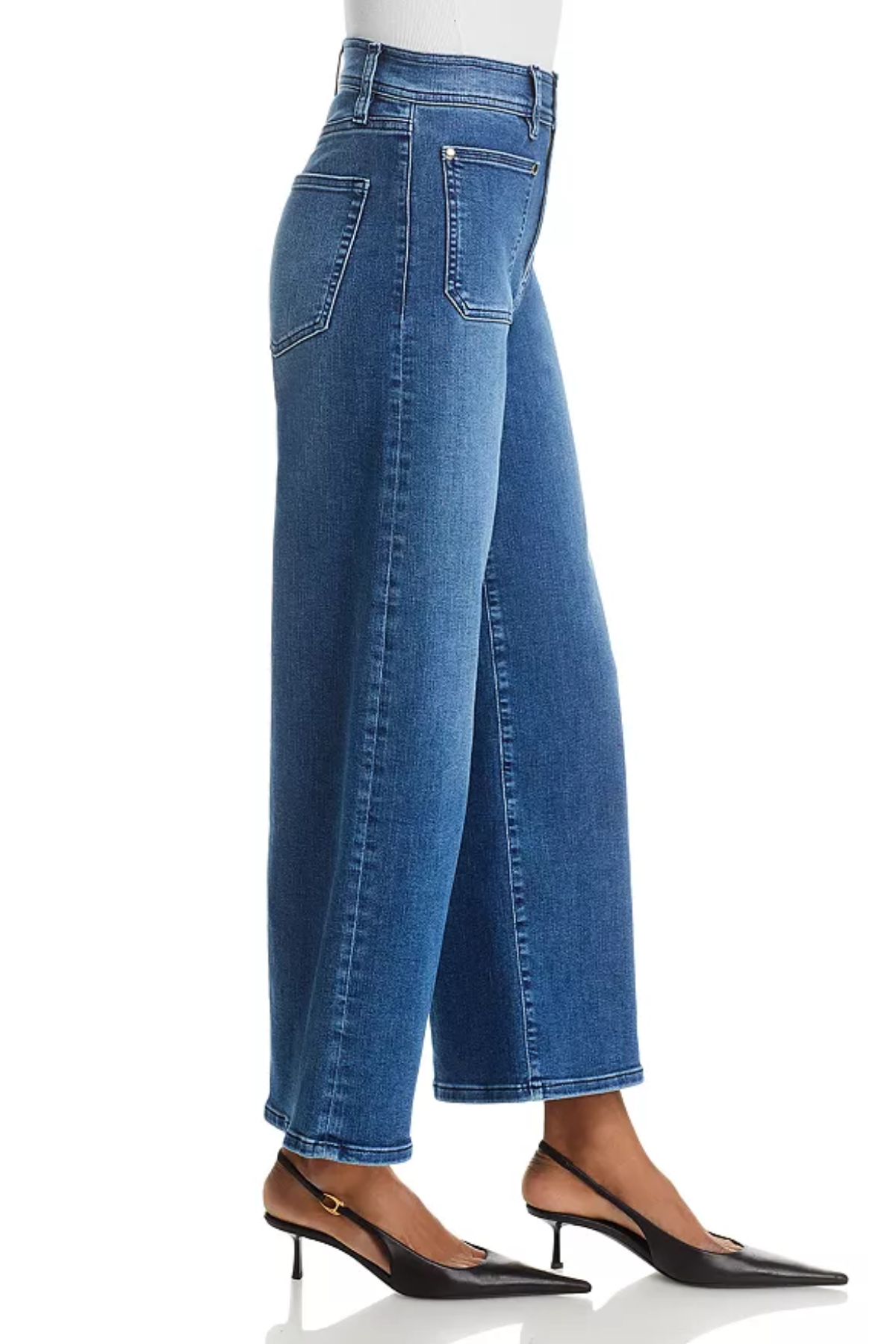 A side profile view of a model wearing blue wide-leg cropped jeans with black slingback heels, shown against a plain white background.