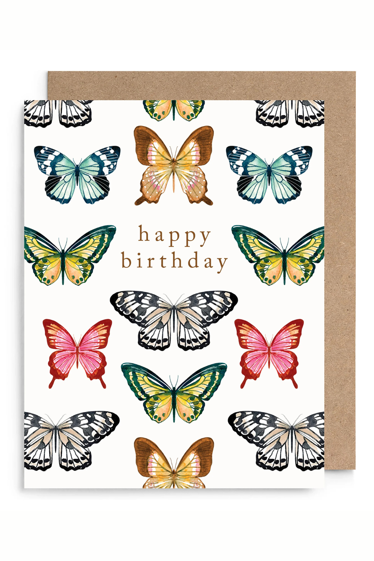 A square birthday card with a white background printed with multiple colorful butterfly illustrations and the words 'happy birthday' in the center, shown with a brown kraft envelope behind it on a white background.