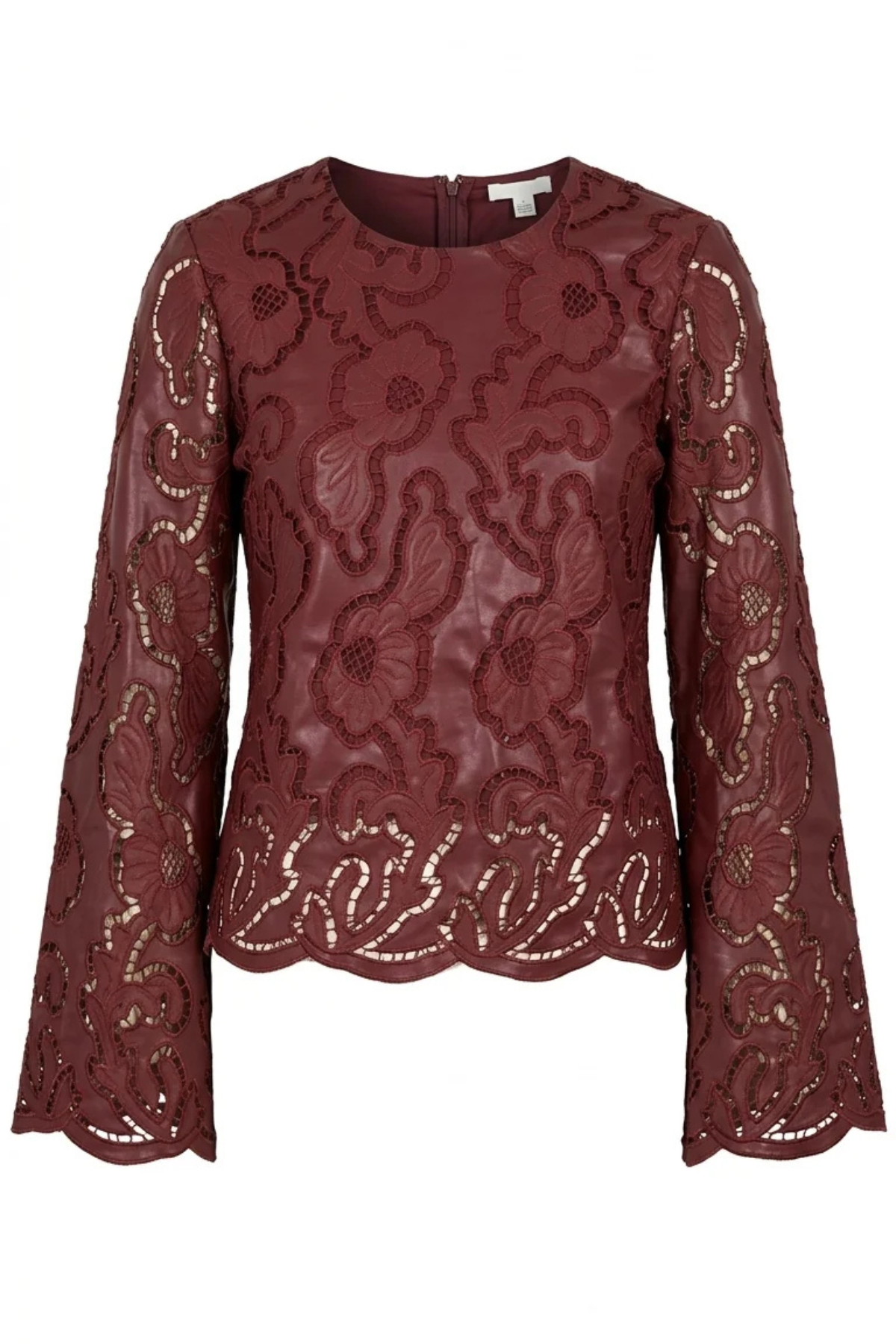 A burgundy long-sleeve blouse with an intricate floral lace overlay and scalloped edges, shown against a plain white background.