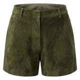 Olive green suede shorts with a wide waistband and belt loops, shown against a plain white background.