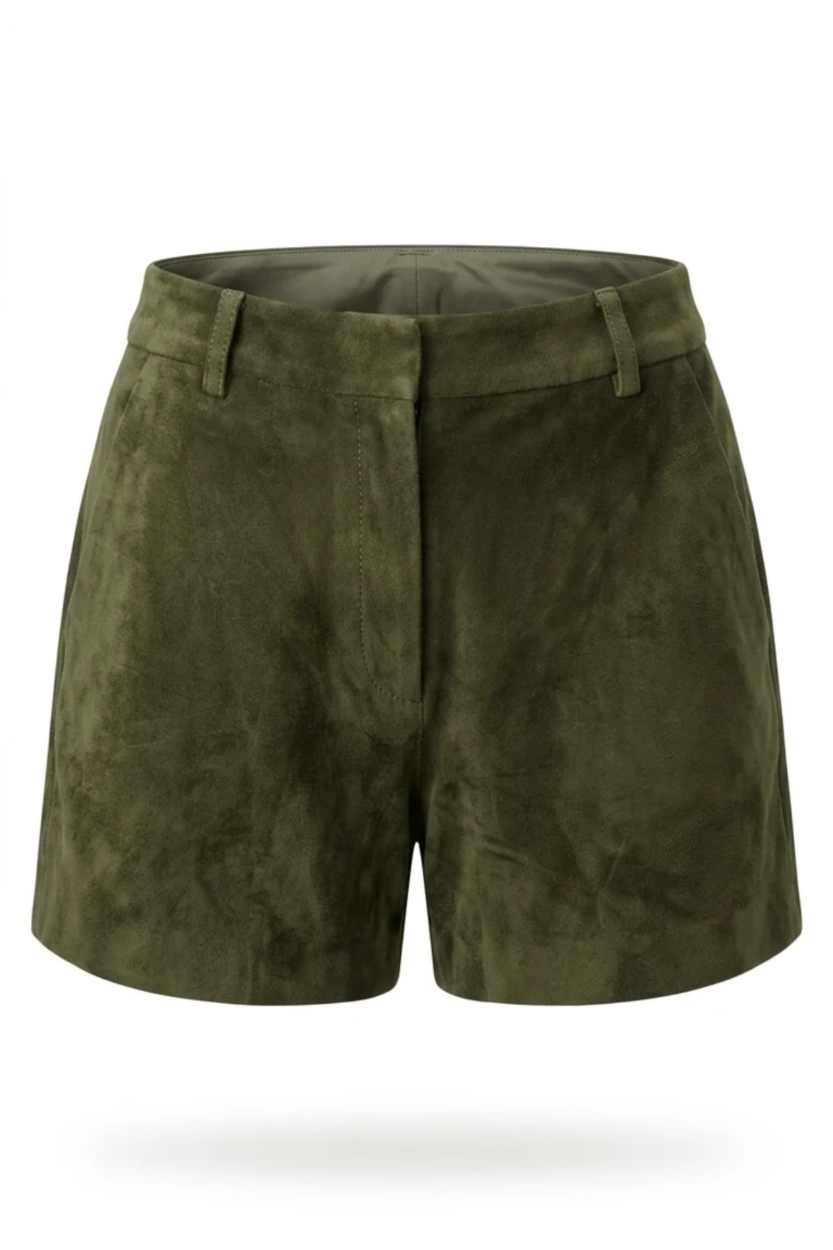 Olive green suede shorts with a wide waistband and belt loops, shown against a plain white background.
