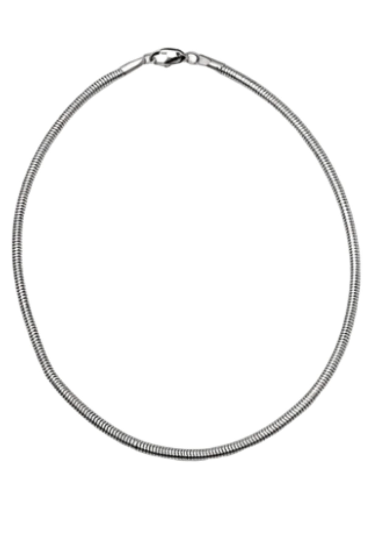 A silver snake chain necklace with a lobster clasp, displayed against a plain white background.
