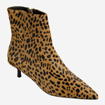 A pointed-toe ankle boot with a tan and black leopard print pattern, featuring a slim black stiletto heel, shown against a plain light gray background.