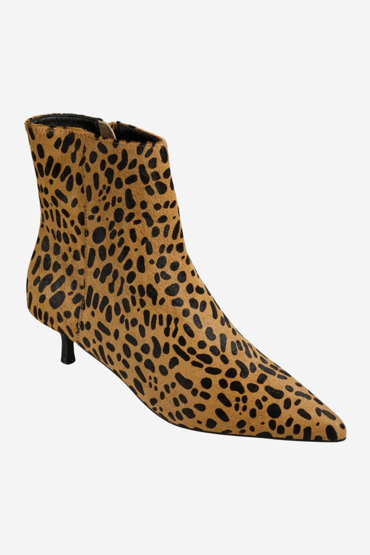 A pointed-toe ankle boot with a tan and black leopard print pattern, featuring a slim black stiletto heel, shown against a plain light gray background.