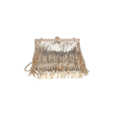 Gold fringe clutch bag on a white background